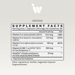 InfiniWell Defend Supplement Facts panel showing serving size, vitamins, herbal extracts, and other ingredients.