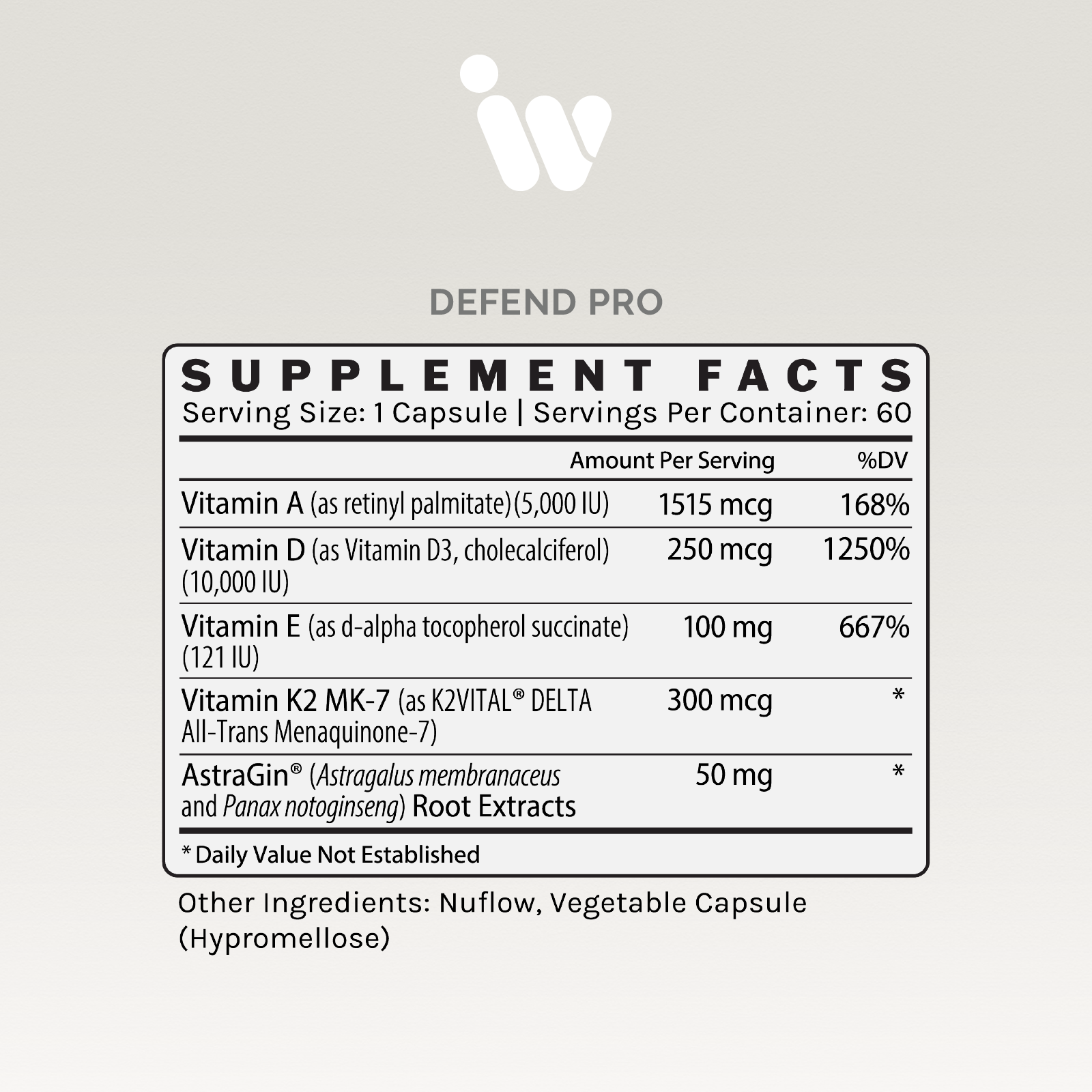 Supplement facts panel showing vitamins A, D, E, K2, and herbal extracts per serving.
