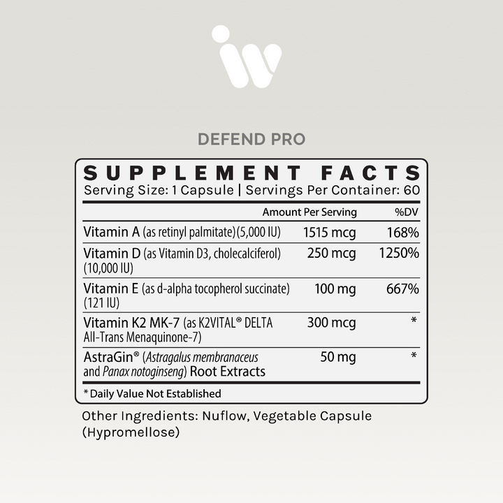 Supplement facts panel showing vitamins A, D, E, K2, and herbal extracts per serving.
