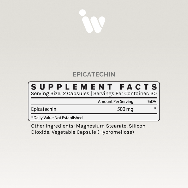 Supplement facts label: 500mg Epicatechin per serving, 30 servings per container.
