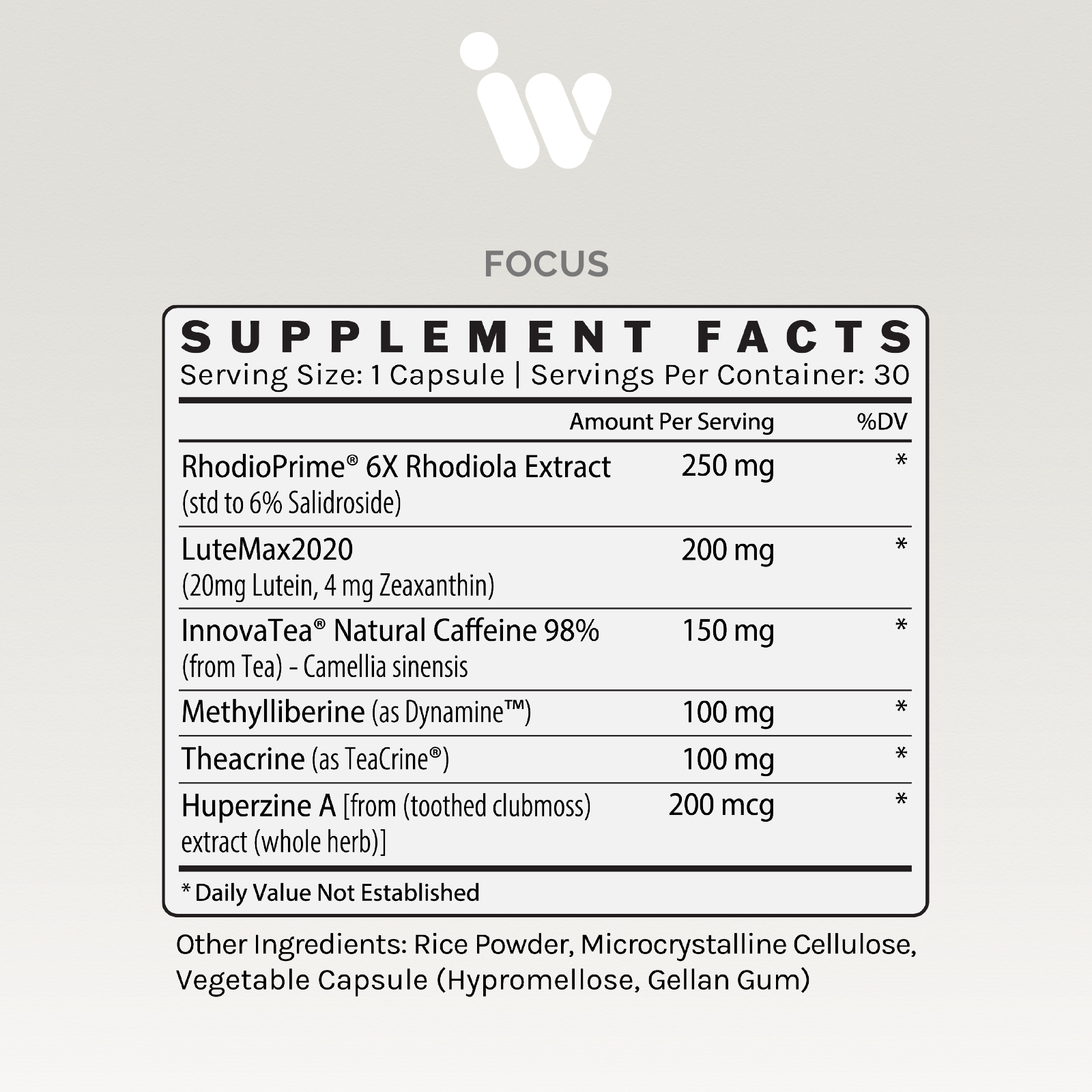 Supplement facts panel listing ingredients and dosages per serving, including Rhodiola, Lutein, caffeine, and more.
