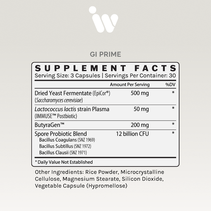 Supplement facts panel showing probiotic blend details and other ingredients.
