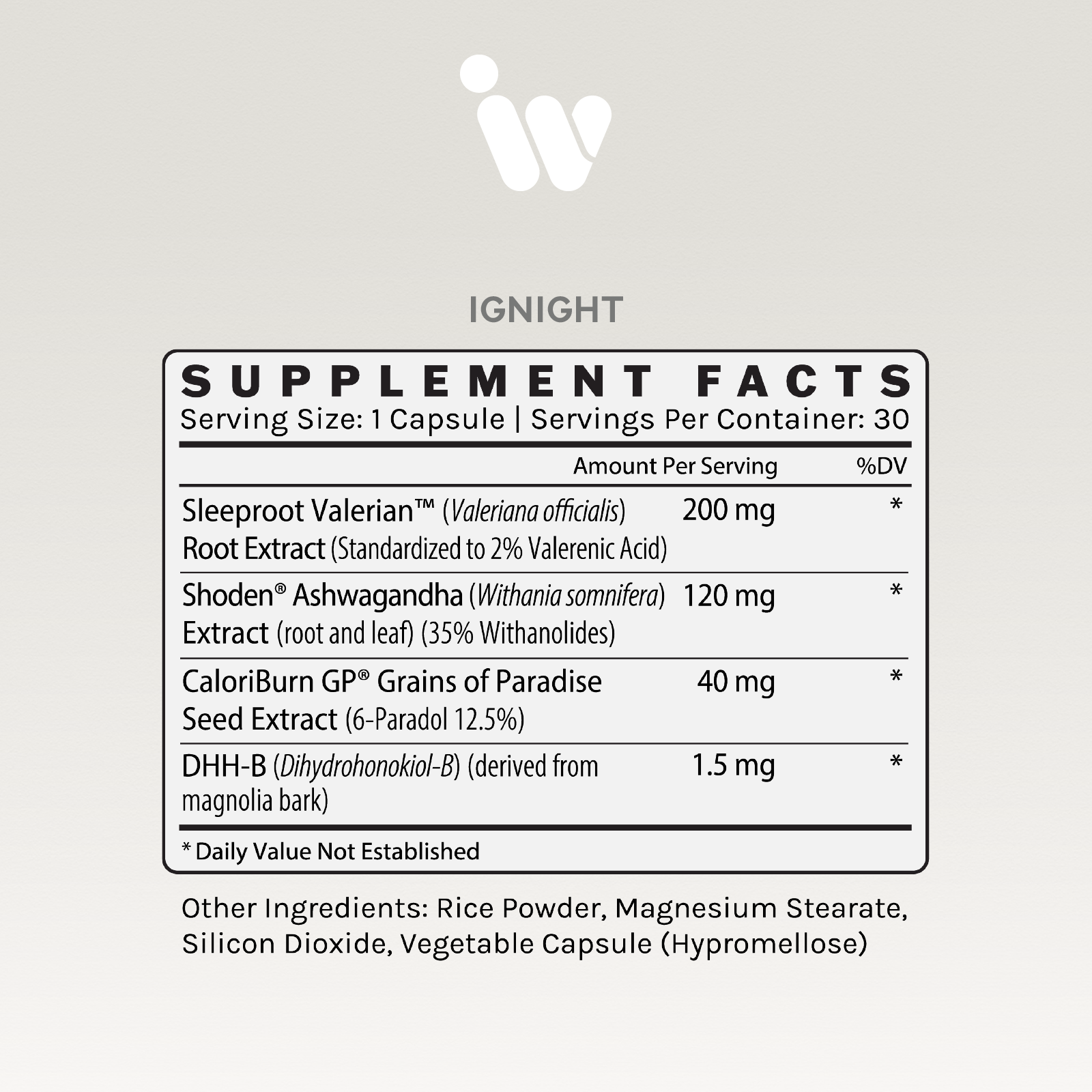 Supplement facts panel listing ingredients and dosages per serving, including Valerian root, Ashwagandha, and Grains of Paradise extracts.
