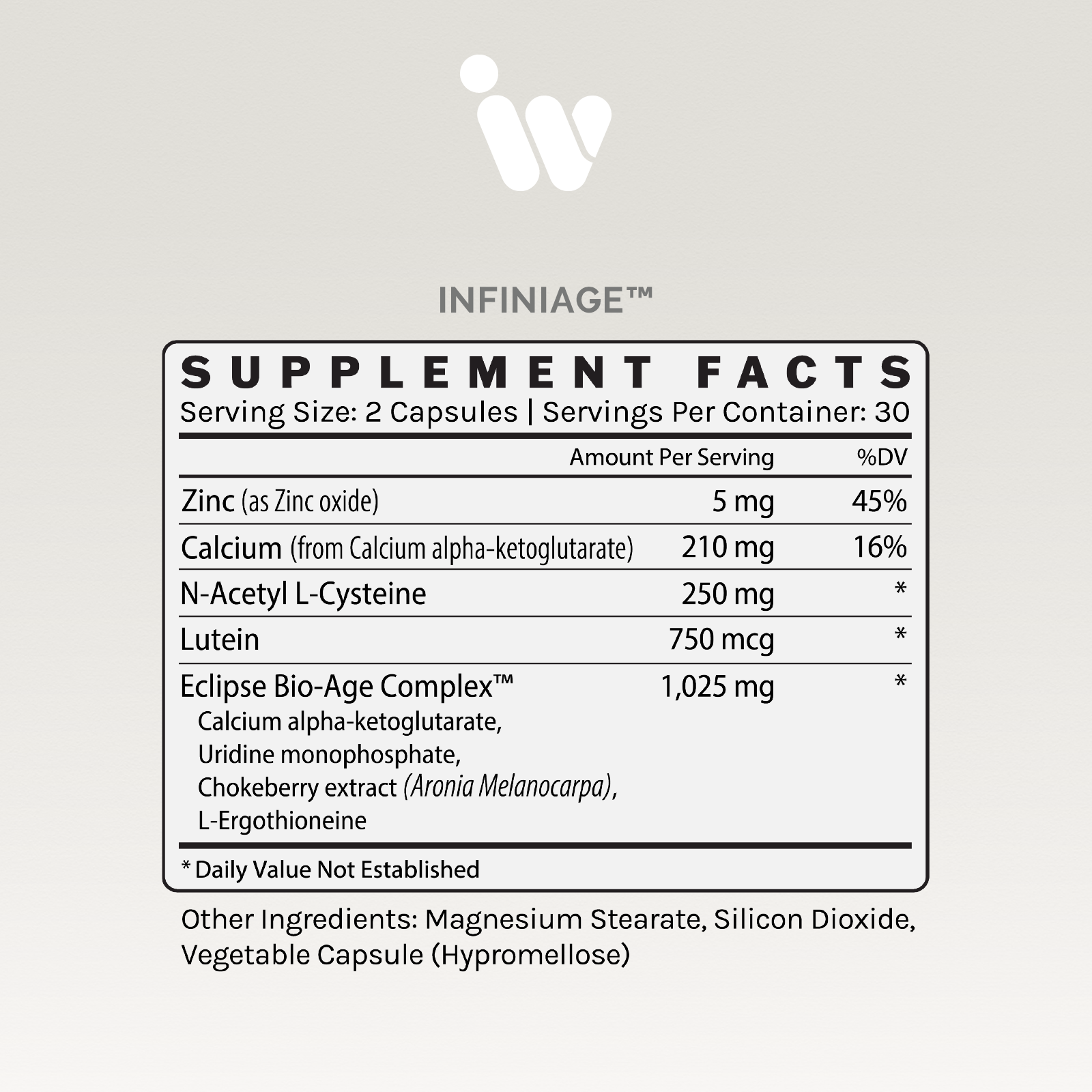 Supplement facts label showing detailed ingredient amounts per serving, including zinc, calcium, and a Bio-Age Complex.
