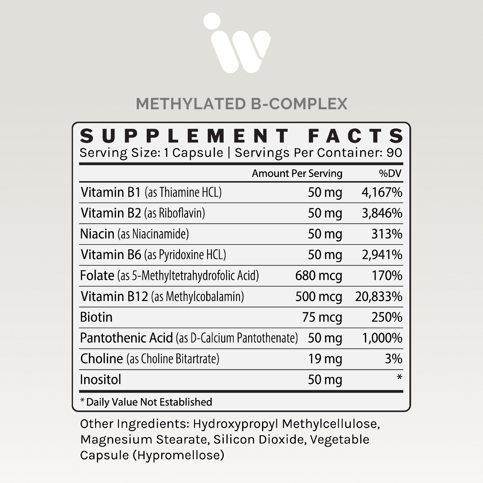 Supplement facts label showing detailed vitamin B-complex content per serving, including percentages of daily value.
