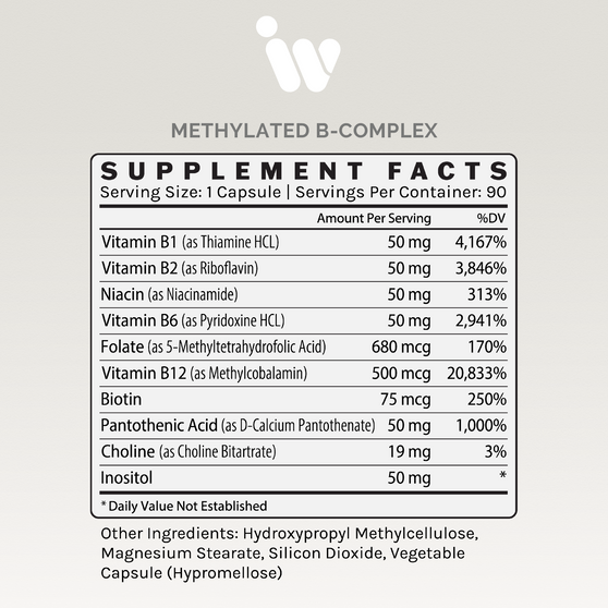Methylated B-Complex dietary supplement: 90 vegetarian capsules for energy & metabolism support.
