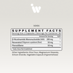 Supplement Facts panel for Infiniwell NMN showing serving size, NMN, resveratrol, pterostilbene and other ingredients