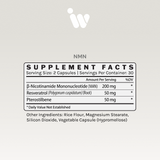 Supplement facts panel showing NMN, resveratrol, and pterostilbene content per serving.
