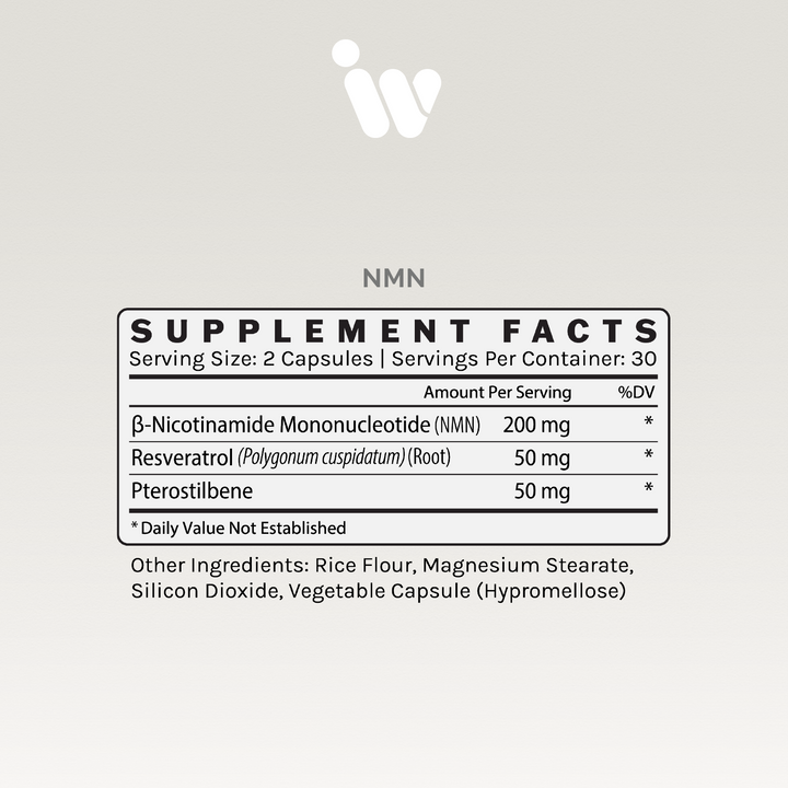 Supplement facts panel showing NMN, resveratrol, and pterostilbene content per serving.
