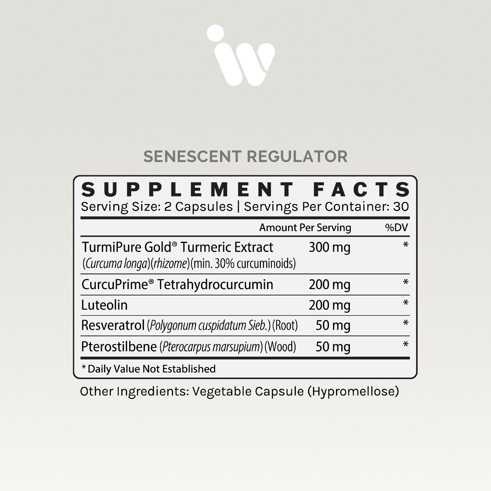 Supplement facts panel listing serving size, ingredients, and amounts per serving.
