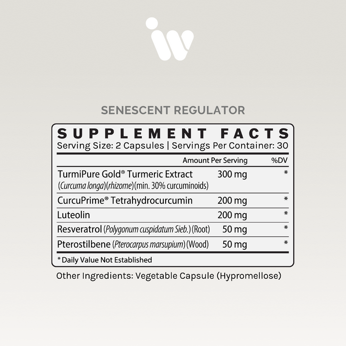 Supplement Facts panel for InfiniWell Senescent Regulator showing serving size, active ingredients, and other ingredients.