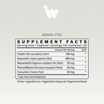 Supplement Facts panel for Infiniwell Senolytic showing serving size, fisetin, quercetin, resveratrol and curcumin