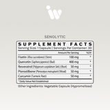 Supplement facts panel showing detailed ingredient amounts per serving, including Fisetin, Quercetin, and Resveratrol.
