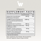 Supplement facts label showing detailed ingredient list and dosage per serving.
