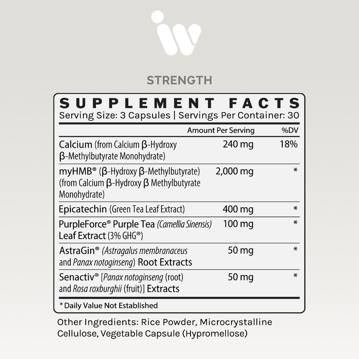 Supplement facts label showing detailed ingredient list and dosage per serving.
