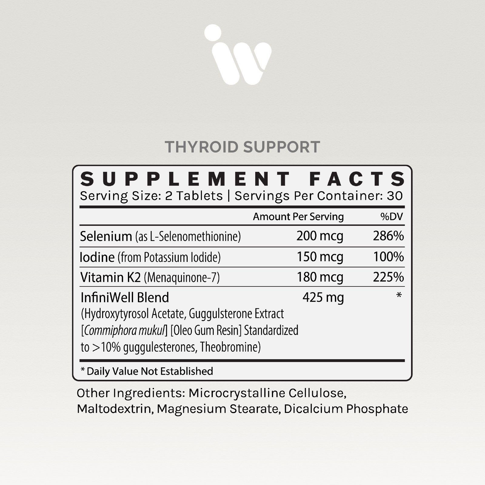 Supplement facts panel showing thyroid support ingredients per serving, including selenium, iodine, vitamin K2, and InfiniWell blend.
