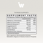 Supplement Facts panel for InfiniWell Thyroid Support+ showing serving size, active ingredients, and other ingredients.
