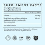 Supplement facts panel showing serving size, ingredients, and certification icons on a light blue background
