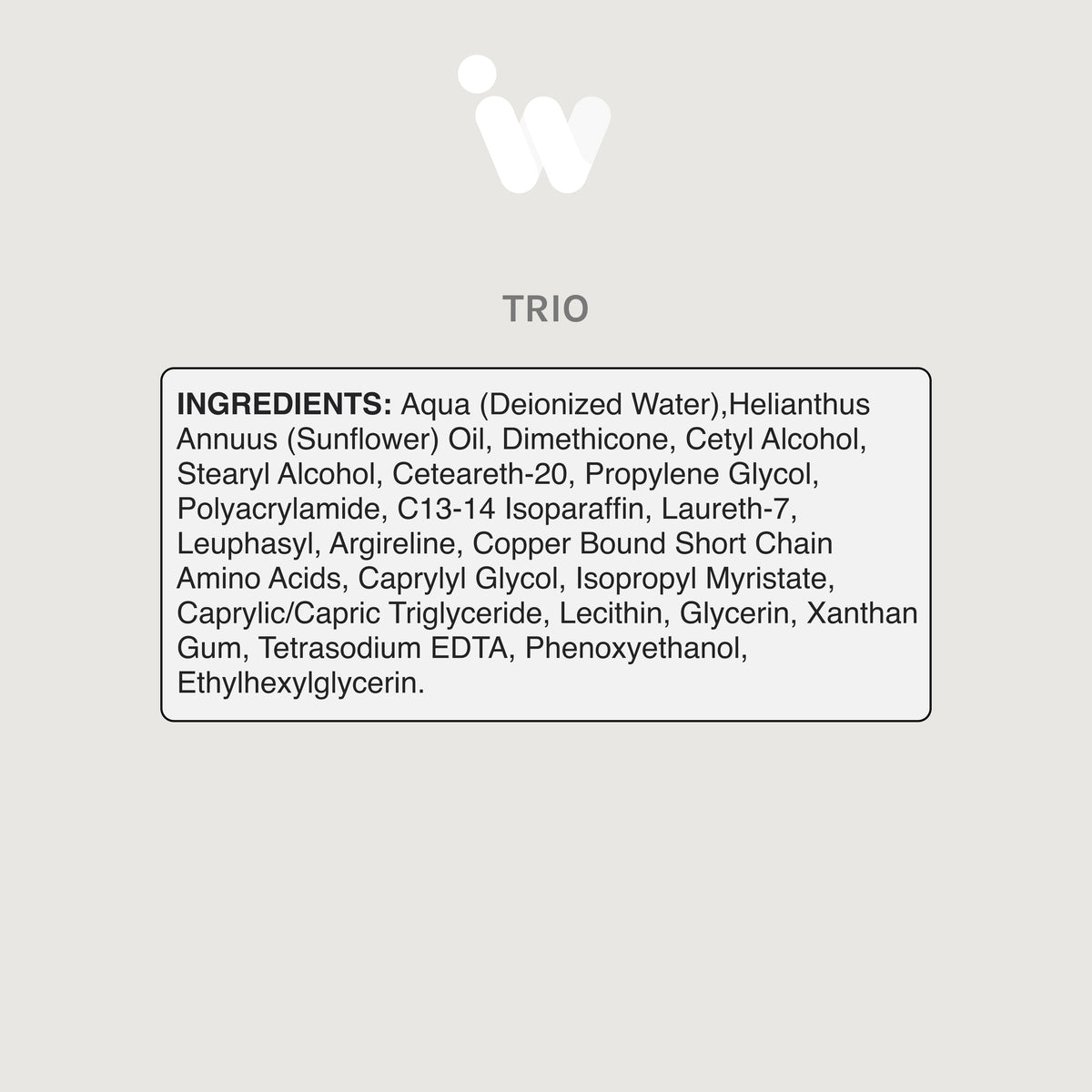 Ingredients panel for Infiniwell TRIO cosmetic cream showing full ingredient list on light background