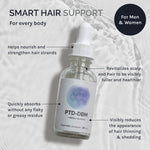 InfiniWell PTD-DBM hair serum bottle with informational graphic and product benefit callouts on a light background