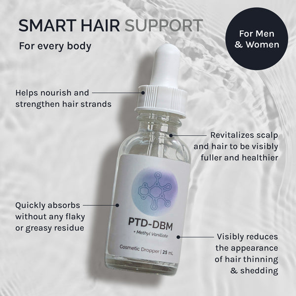 InfiniWell PTD-DBM hair serum bottle with informational graphic and product benefit callouts on a light background
