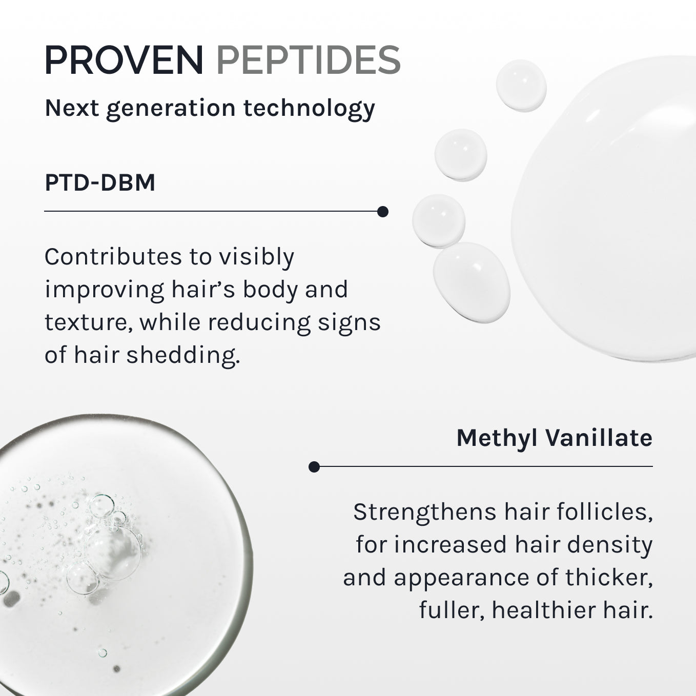 Infiniwell Proven Peptides ingredient graphic highlighting PTD-DBM and methyl vanillate with ingredient descriptions