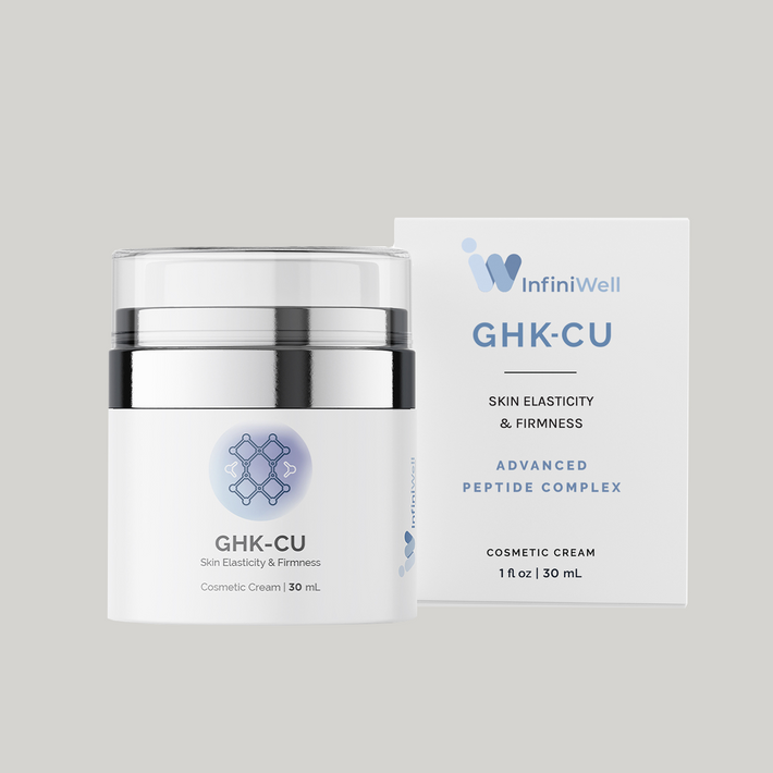 Infiniwell GHK-CU cosmetic cream jar with 30 mL product box on light background for skin elasticity and firmness