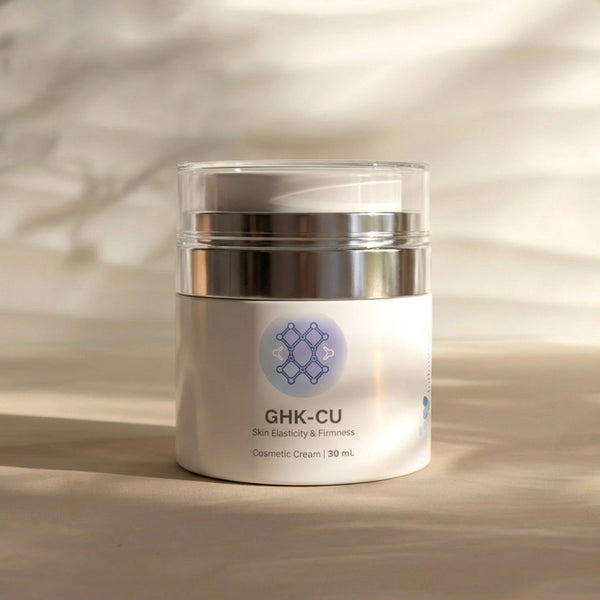 Infiniwell GHK-CU cosmetic cream jar for skin elasticity and firmness, 30 mL, on beige textured background