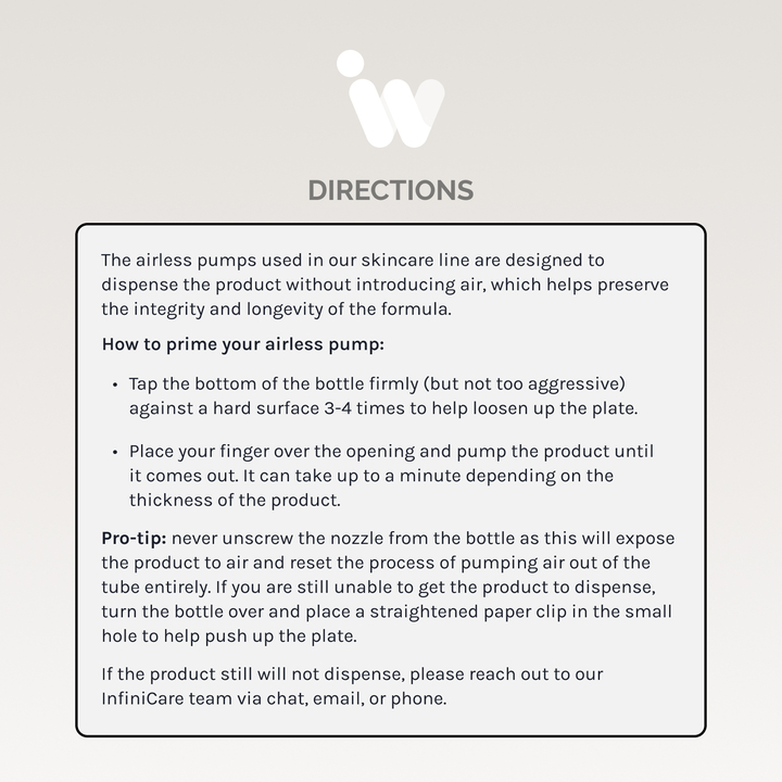 Airless pump instructions: priming, troubleshooting tips, and contact info for skincare product.
