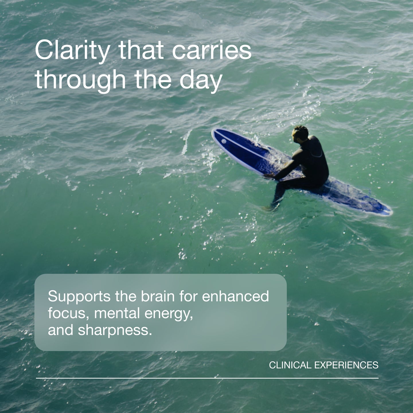 Person surfing on a blue surfboard with text about brain support and clinical experiences.