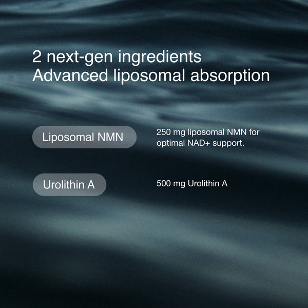 Advertisement for liposomal NMN and Urolithin A with text on a dark background