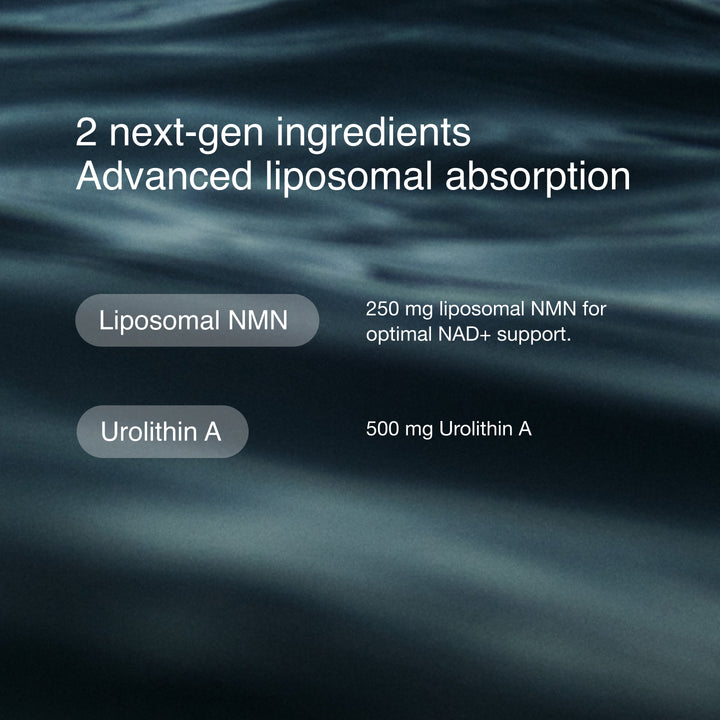 Advertisement for liposomal NMN and Urolithin A with text on a dark background