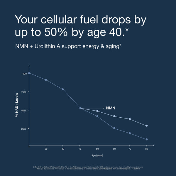 Graph showing the decline in cellular fuel levels with age and the support of NMN + Urolithin A.