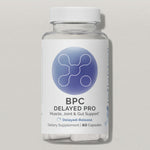 Front label of InfiniWell BPC Delayed Pro delayed-release dietary supplement bottle with 60 capsules on white background.
