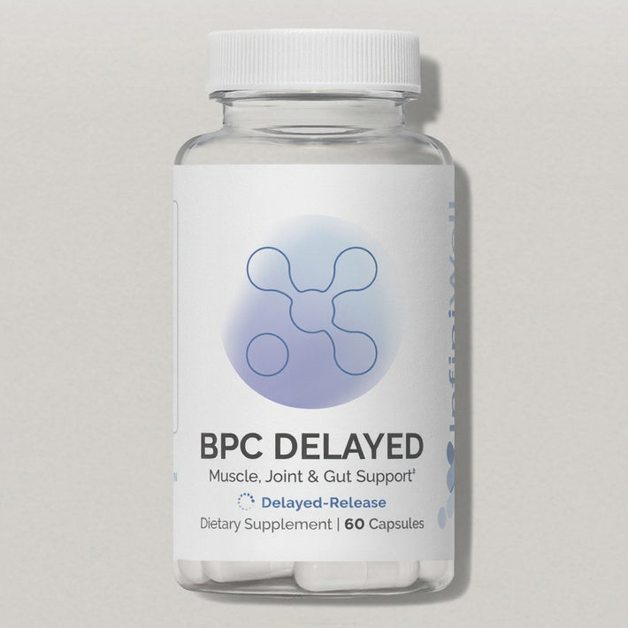 Front label of InfiniWell BPC Delayed delayed-release dietary supplement bottle with 60 capsules on white background.
