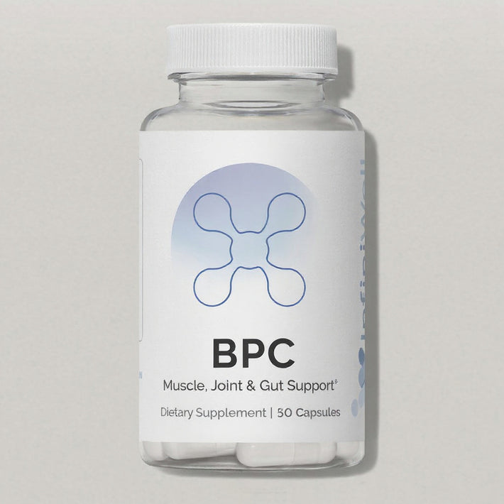 Infiniwell BPC muscle, joint and gut support supplement bottle with 50 capsules on white background