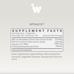 OPTIGUTx supplement facts panel showing serving size, ingredients, dosage information, and other ingredients