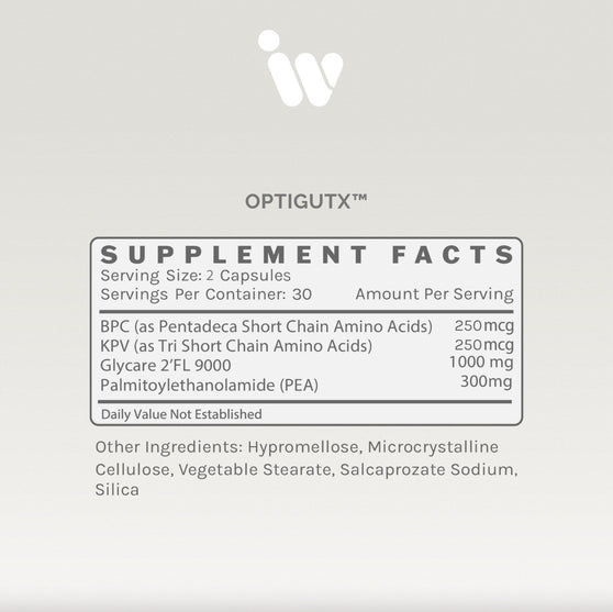 White bottle of InfiniWell OPTIGUTx rapid-release dietary supplement, 60 capsules, front label on a light gray background