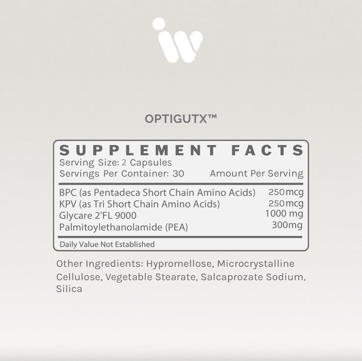OPTIGUTx supplement facts panel showing serving size, ingredients, dosage information, and other ingredients