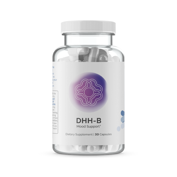 Clear bottle of mood support supplement capsules; 30 capsules.
