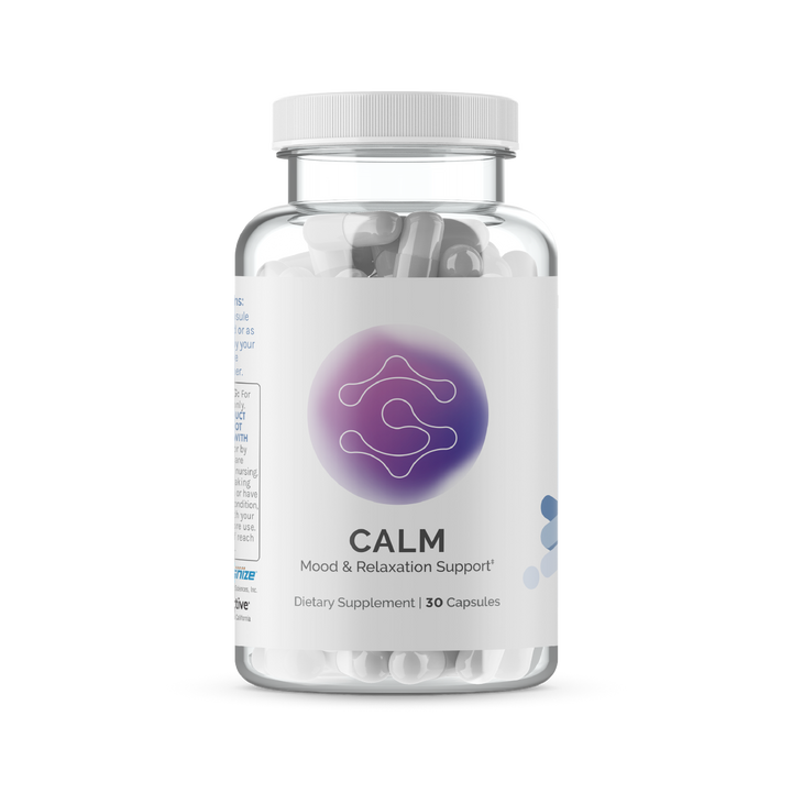 Clear bottle of mood support supplement capsules; 30 capsules.
