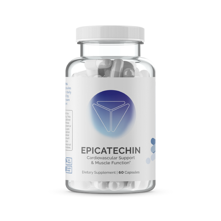 Clear bottle of dietary supplement capsules; promotes cardiovascular and muscle health.
