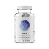NMN supplement bottle; 60 capsules, cellular aging support.
