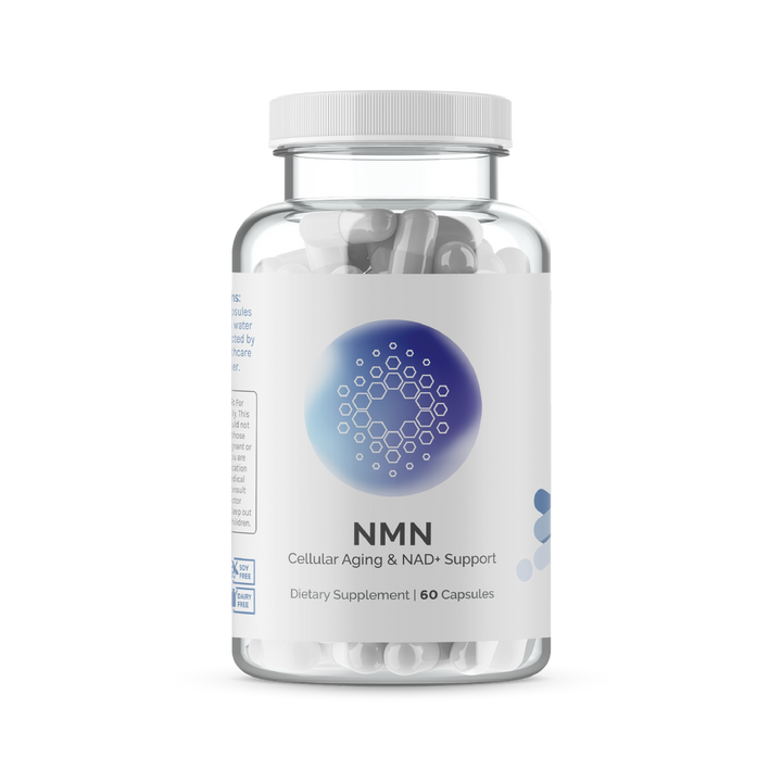 NMN supplement bottle; 60 capsules, cellular aging support.
