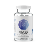Clear bottle of dietary supplement tablets;  thyroid support formula.
