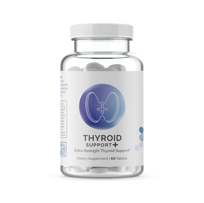 InfiniWell Thyroid Support+ Extra Strength dietary supplement bottle with white tablets visible, front label, 60 tablets.