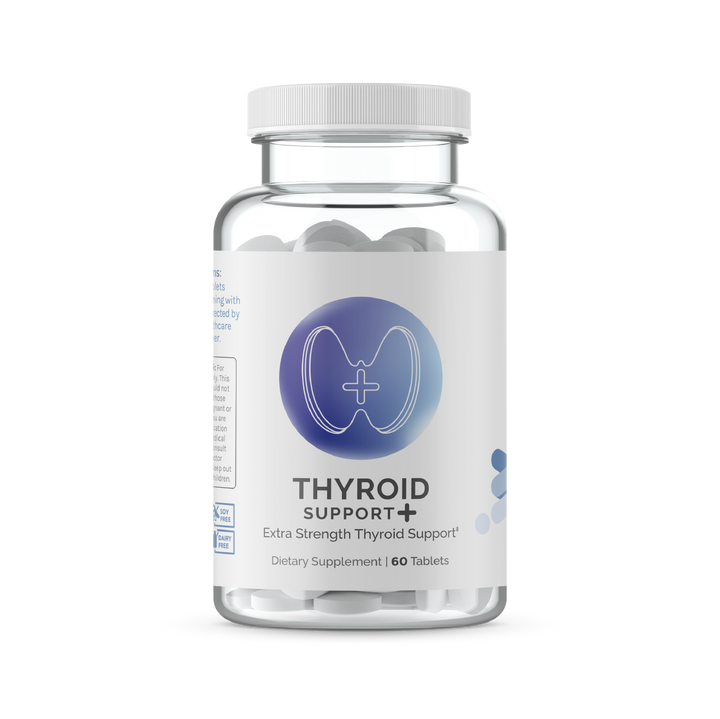 Clear bottle of dietary supplement tablets;  thyroid support formula.

