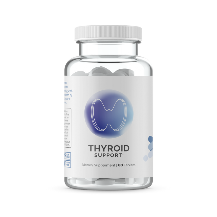 Clear bottle of thyroid support dietary supplement pills; 60 tablets.
