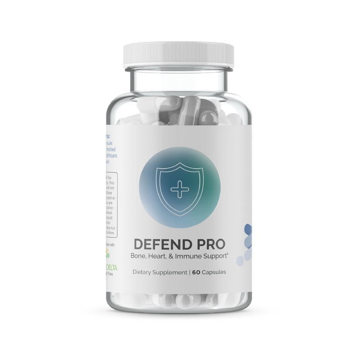 InfiniWell Defend Pro dietary supplement bottle with 60 capsules, front product label on transparent background.
