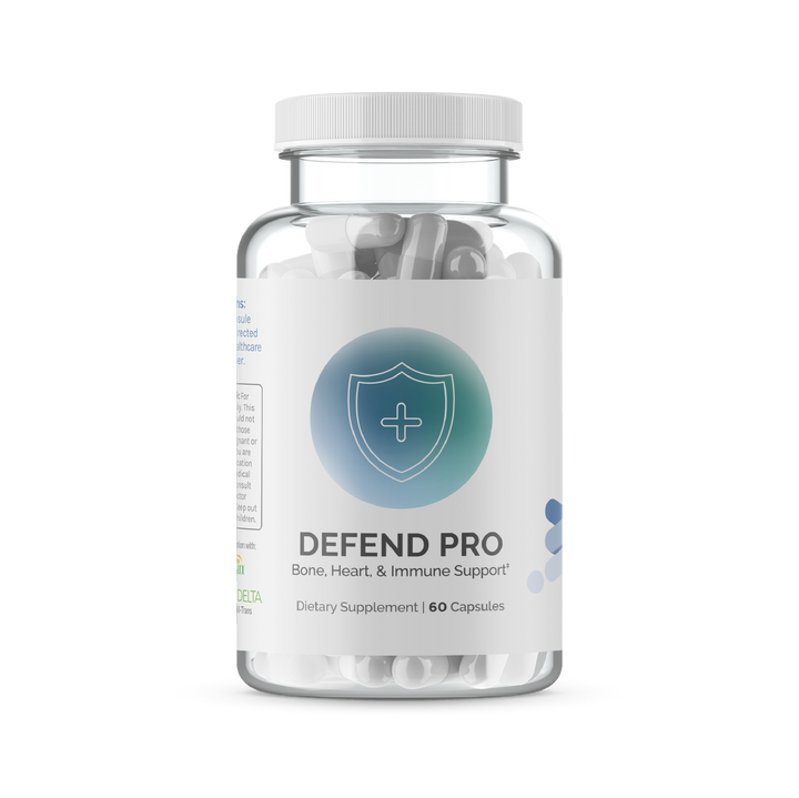Clear bottle of dietary supplement capsules; bone, heart, and immune support.
